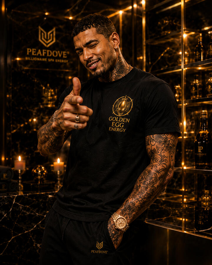 Black PEAFDOVE® Golden Egg Energy Shirt shown in a luxury black-and-gold visual layout with male model images and the Golden Egg Energy emblem.