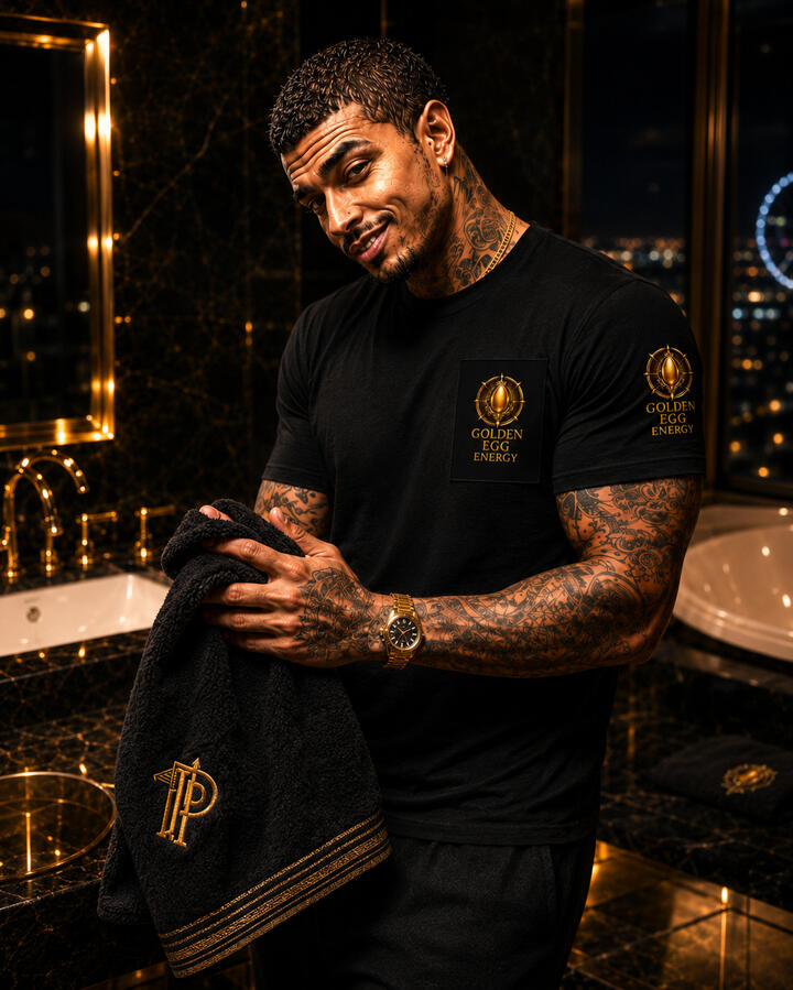 The GOLDEN EGG ENERGY™ Shirt carries the PEAFDOVE® Billionaire Signal across the chest, sleeve, neckline and back. The front stays controlled and luxurious.