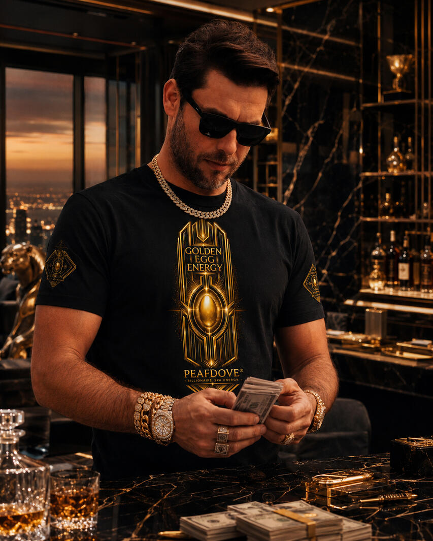 PEAFDOVE® Golden Egg Pressure Shirt — Wear the Signal. Watch what Follows. Luxury menswear model wearing the PEAFDOVE® Golden Egg Pressure Shirt with golden shorts and Golden Egg bag in a black luxury corridor.