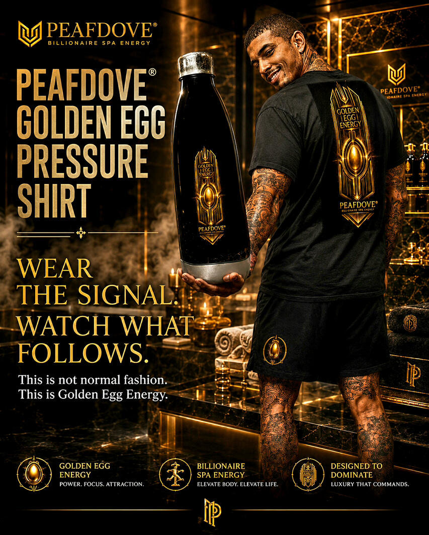 PEAFDOVE® GOLDEN EGG PRESSURE SHIRT. SHOP THE GOLDEN EGG SIGNAL. Because normal fashion is not helping you. This is not normal fashion. This is Golden Egg Energy. The PEAFDOVE® Golden Egg Pressure Shirt carries the oversized Golden Egg Signal across the back — bold, architectural and impossible to overlook. Glossy black PEAFDOVE® Golden Egg Energy Bottle with a