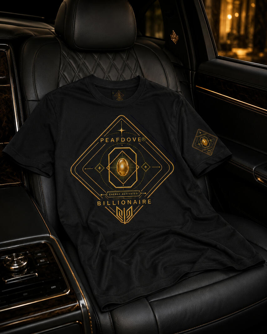 PEAFDOVE® Billionaire Sigil Shirt — Luxury Seat Signal. The PEAFDOVE® Billionaire Sigil Shirt carries the full Energy Mark on the chest and back. This is not a quiet shirt. This is a visible frequency. For men who move with luxury pressure, Golden Egg Energy and billionaire aura. Energy activated. Brand Label