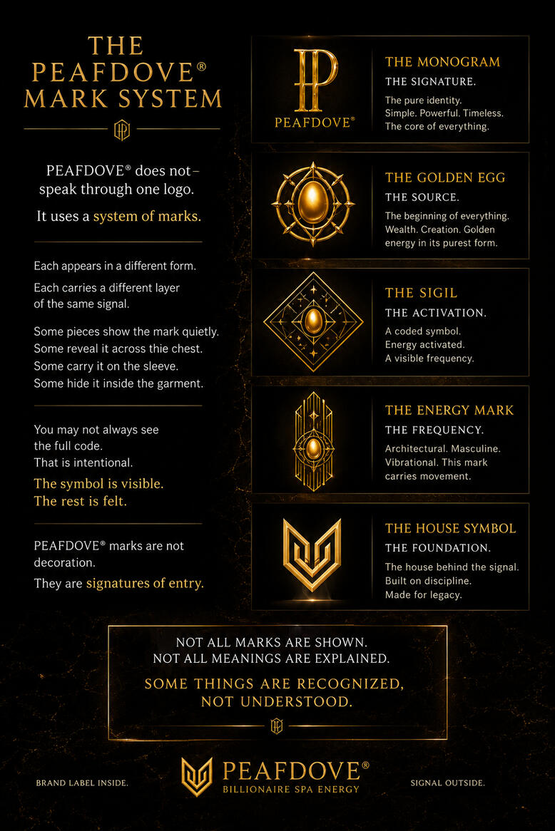 THE PEAFDOVE® MARK SYSTEM PEAFDOVE® does not speak through one logo. It uses a system of marks. The Monogram. The Golden Egg. The Sigil. The Energy Mark. The House Symbol.